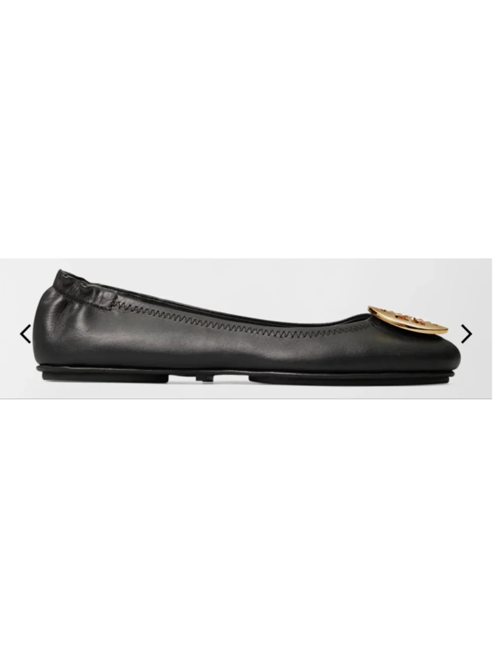 New Tory Burch Minnie Foldable Leather Flats in Black with Gold Logo, Size 8